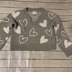 Pink Rose V-Neck Sweater with White Heart Pattern